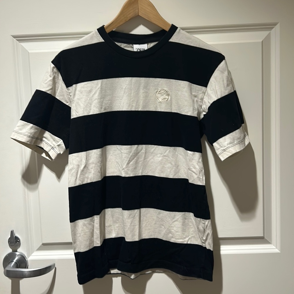 Zara - Black and Cream Striped 100% Cotton T-Shirt